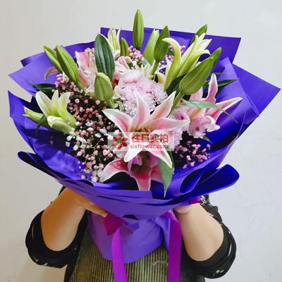 秦皇岛6支粉色多头百合，真诚的问候